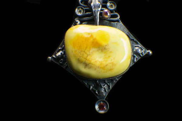 Alena Zena Baltic Butterscotch Amber with Freshwater Pearls, Garnet & Lemon Quartz Shield Pendant for $449 at Mystical Earth Gallery (Close Up Lower Half View)