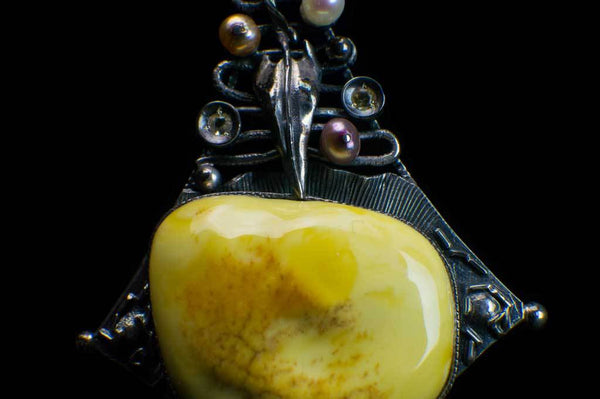 Alena Zena Baltic Butterscotch Amber with Freshwater Pearls, Garnet & Lemon Quartz Shield Pendant for $449 at Mystical Earth Gallery (Close Up Amber View)
