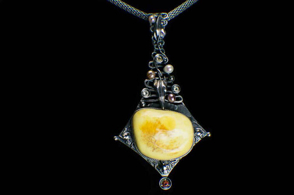 Alena Zena Baltic Butterscotch Amber with Freshwater Pearls, Garnet & Lemon Quartz Shield Pendant for $449 at Mystical Earth Gallery (Full Front View)
