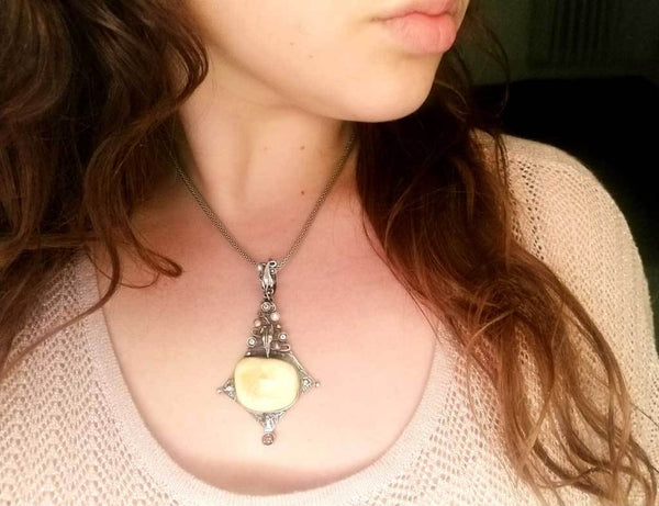 Alena Zena Baltic Butterscotch Amber with Freshwater Pearls, Garnet & Lemon Quartz Shield Pendant for $449 at Mystical Earth Gallery (On Model)