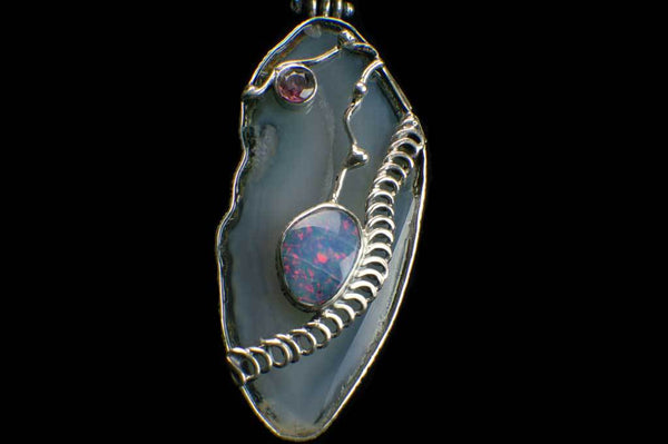 Alena Zena Agate Slice with Ethiopian Opal & Amethyst Pendant for $249 at Mystical Earth Gallery (Close Up Front View)