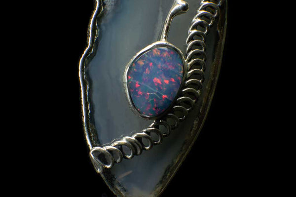 Alena Zena Agate Slice with Ethiopian Opal & Amethyst Pendant for $249 at Mystical Earth Gallery (Close Up View Bottom Half)