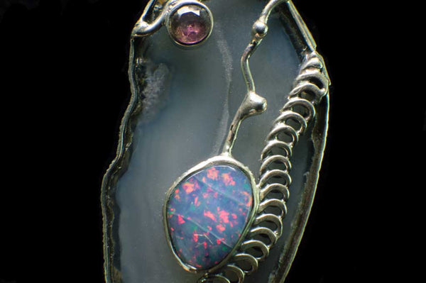 Alena Zena Agate Slice with Ethiopian Opal & Amethyst Pendant for $249 at Mystical Earth Gallery (Close Up View Ethiopian Opal)