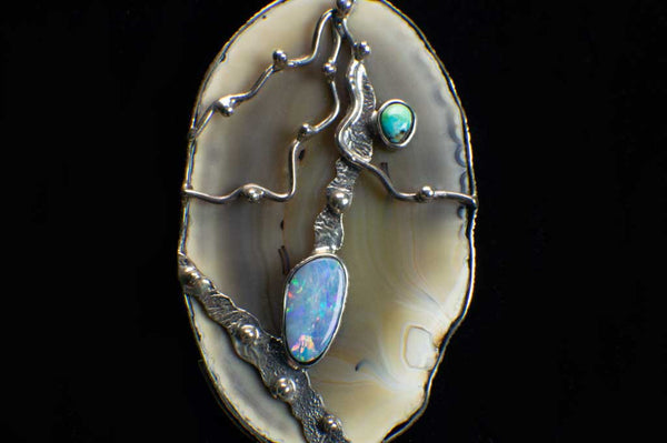Alena Zena Agate Slice with Australian Blue Opal Pendant (Close Up View of Front) for $299 at Mystical Earth Gallery