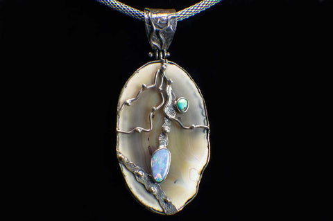 Alena Zena Agate Slice with Australian Blue Opal Pendant (Full View) for $299 at Mystical Earth Gallery