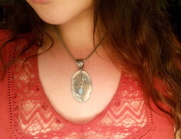 Alena Zena Agate Slice with Australian Blue Opal Pendant (On Model) for $299 at Mystical Earth Gallery