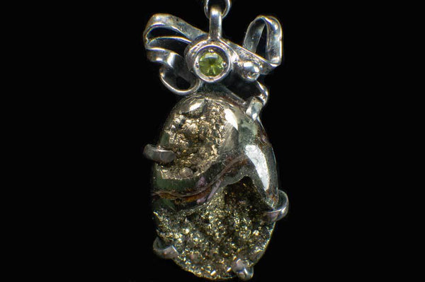 Alena Zena Pyritized Trilobite with Peridot Pendant for $219 at Mystical Earth Gallery (Close up Front View)