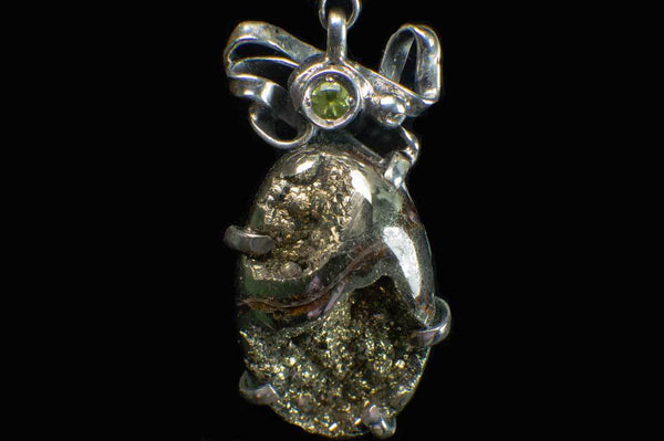 Alena Zena Pyritized Trilobite with Peridot Pendant for $219 at Mystical Earth Gallery (Close up Front View)