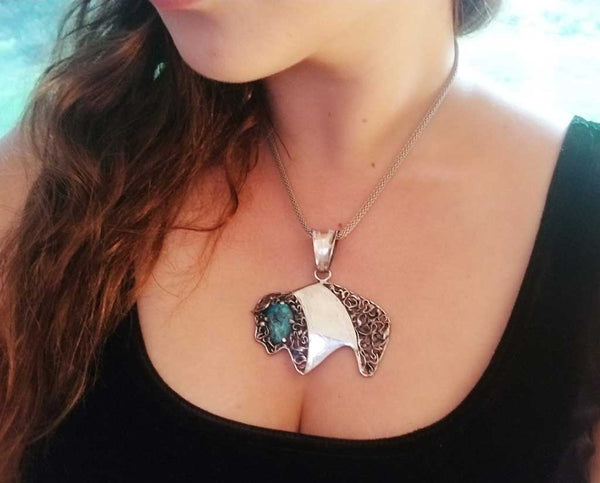 Alena Zena Turquoise Buffalo Pendant (On Model) for $299 at Mystical Earth Gallery
