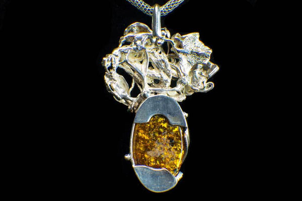 Alena Zena Baltic Amber with Faceted Aquamarine & Peridot Pendant for $259 at Mystical Earth Gallery (Full Back View)
