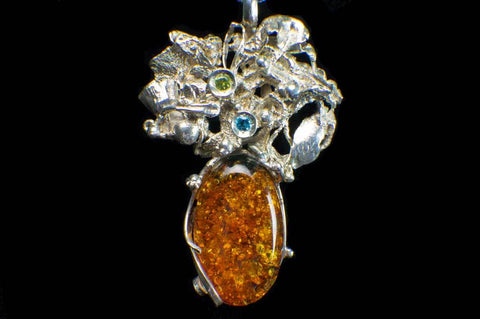 Alena Zena Baltic Amber with Faceted Aquamarine & Peridot Pendant for $259 at Mystical Earth Gallery (Full Front View)