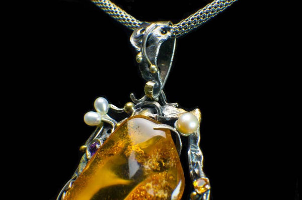 Alena Zena Baltic Amber with Mother-of-Pearl, Freshwater Pearls, Amethyst & Citrine Pendant for $449 at Mystical Earth Gallery (Close Up Bale View)