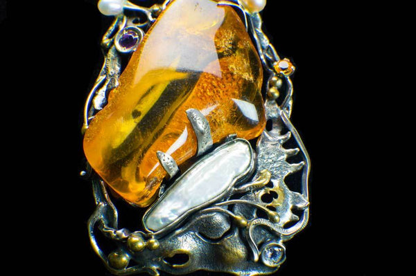 Alena Zena Baltic Amber with Mother-of-Pearl, Freshwater Pearls, Amethyst & Citrine Pendant for $449 at Mystical Earth Gallery (Close Up Silverwork View)