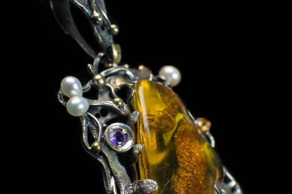 Alena Zena Baltic Amber with Mother-of-Pearl, Freshwater Pearls, Amethyst & Citrine Pendant for $449 at Mystical Earth Gallery (Close Up Side View)