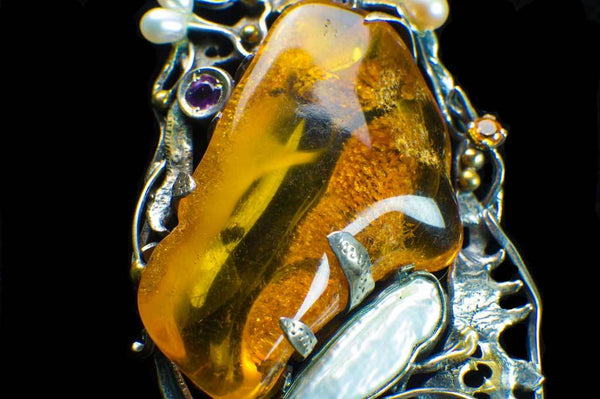Alena Zena Baltic Amber with Mother-of-Pearl, Freshwater Pearls, Amethyst & Citrine Pendant for $449 at Mystical Earth Gallery (Close Up Mother-of-Pearl View)