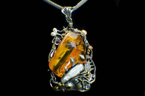 Alena Zena Baltic Amber with Mother-of-Pearl, Freshwater Pearls, Amethyst & Citrine Pendant for $449 at Mystical Earth Gallery (Full Front View)