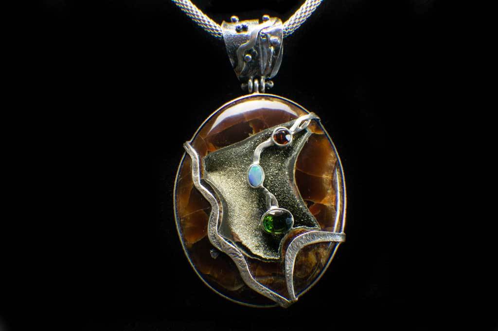 Alena Zena Simbercite with Australian Opal Pendant (Full View) for $349 at Mystical Earth Gallery