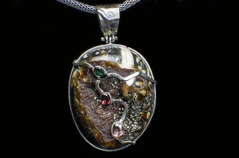 Alena Zena Simbercite with Pyrite Cubes Pendant (Full View #2) for $299  at Mystical Earth Gallery