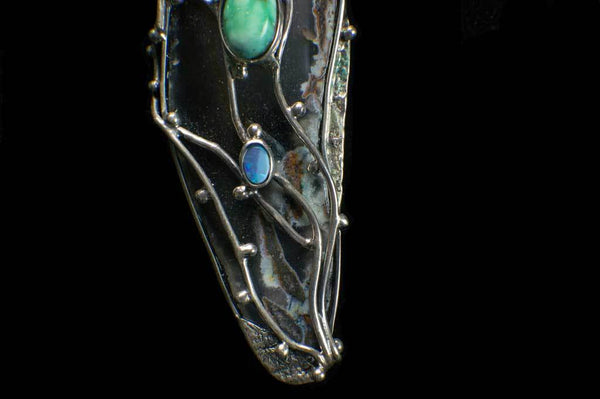 Alena Zena Agate Slice with Australian Blue Opal & Siberian Turquoise Pendant for $349 at Mystical Earth Gallery (close Up silverwork view)