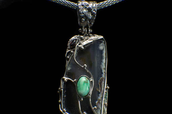 Alena Zena Agate Slice with Australian Blue Opal & Siberian Turquoise Pendant for $349 at Mystical Earth Gallery (Close Up Turquoise view)