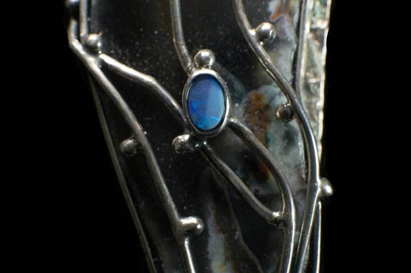Alena Zena Agate Slice with Australian Blue Opal & Siberian Turquoise Pendant for $349 at Mystical Earth Gallery (Close Up Opal view)