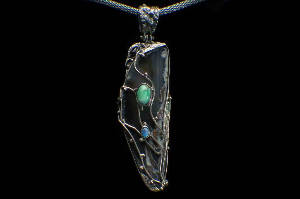 Alena Zena Agate Slice with Australian Blue Opal & Siberian Turquoise Pendant for $349 at Mystical Earth Gallery (Full Front view)