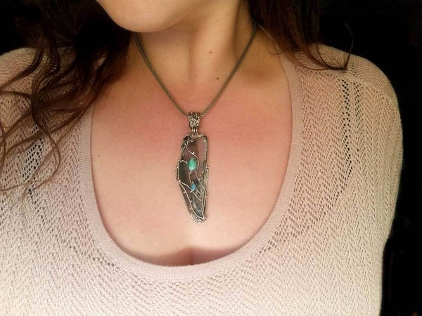 Alena Zena Agate Slice with Australian Blue Opal & Siberian Turquoise Pendant for $349 at Mystical Earth Gallery (On Model)