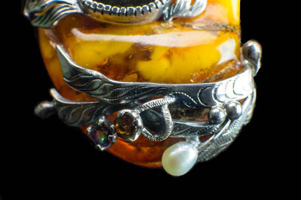 Alena Zena Baltic Butterscotch Amber with Australian Blue Opal & Green Tourmaline Pendant for $899 at Mystical Earth Gallery (Close Up View of Bottom on Green Tourmaline Side)