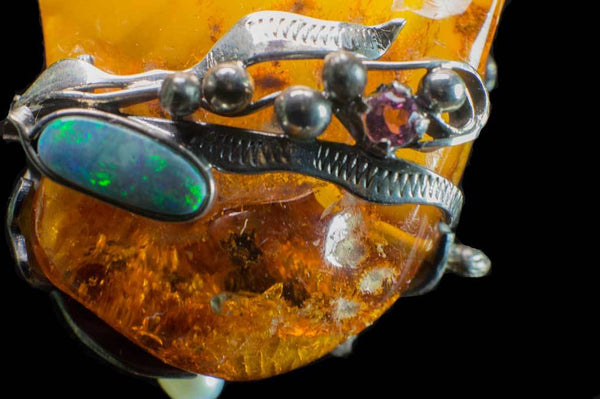 Alena Zena Baltic Butterscotch Amber with Australian Blue Opal & Green Tourmaline Pendant for $899 at Mystical Earth Gallery (Close Up View of Opal)