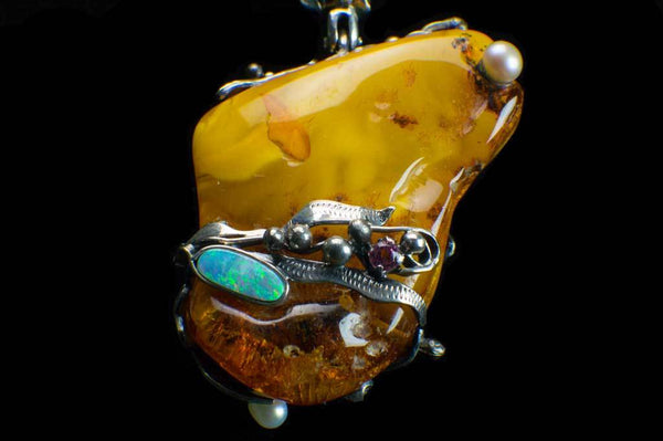 Alena Zena Baltic Butterscotch Amber with Australian Blue Opal & Green Tourmaline Pendant for $899 at Mystical Earth Gallery (Close Up View of Opal Side)