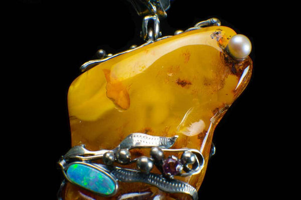 Alena Zena Baltic Butterscotch Amber with Australian Blue Opal & Green Tourmaline Pendant for $899 at Mystical Earth Gallery (Close Up View of Silverwork Opal Side)