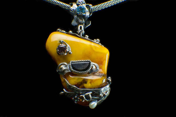 Alena Zena Baltic Butterscotch Amber with Australian Blue Opal & Green Tourmaline Pendant for $899 at Mystical Earth Gallery (Full Front View of Green Tourmaline Side)