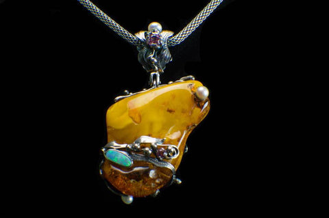 Alena Zena Baltic Butterscotch Amber with Australian Blue Opal & Green Tourmaline Pendant for $899 at Mystical Earth Gallery (Full Front View of Opal Side)