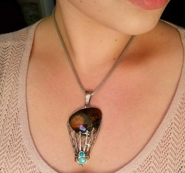 Simbercite and Turquoise Spider and Spiderweb Pendant (On Model) for $279 at Mystical Earth Gallery