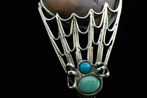 Simbercite and Turquoise Spider and Spiderweb Pendant (Close-Up of Spider) for $279 at Mystical Earth Gallery