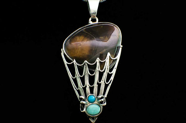 Simbercite and Turquoise Spider and Spiderweb Pendant (Full View) for $279 at Mystical Earth Gallery