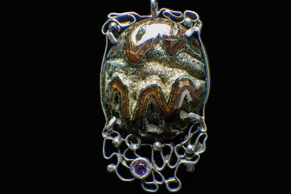 Alena Zena Pyritized Trilobite with Amethyst & Citrine Pendant for $211 at Mystical Earth Gallery (Close Up View)