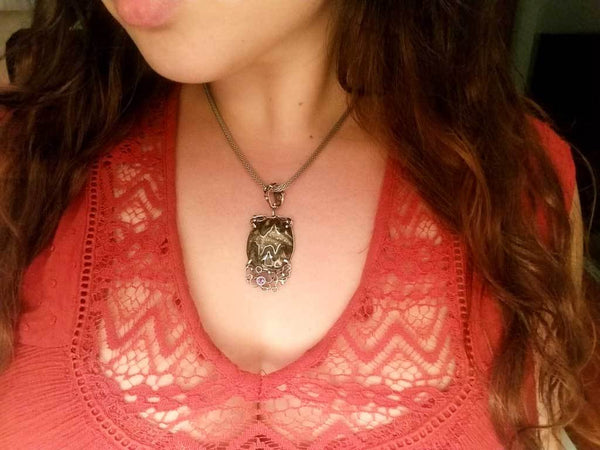 Alena Zena Pyritized Trilobite with Amethyst & Citrine Pendant for $211 at Mystical Earth Gallery (On Model)