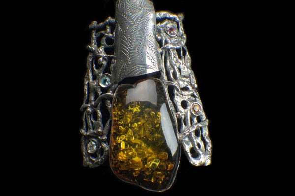 Alena Zena Baltic Green Amber with Faceted Aquamarine, Amethyst, Citrine & Cubic Zirconia Shield Pendant for $425 at Mystical Earth Gallery (Close Up Front View)