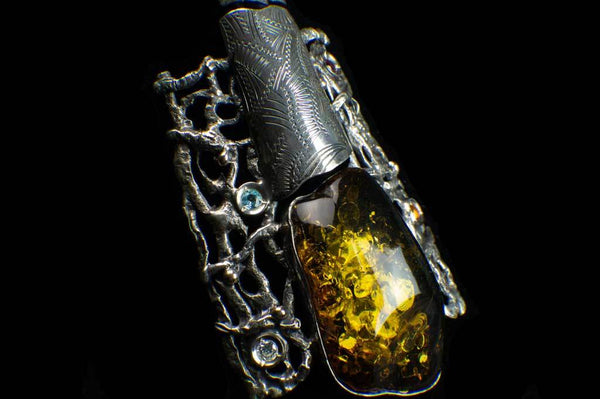 Alena Zena Baltic Green Amber with Faceted Aquamarine, Amethyst, Citrine & Cubic Zirconia Shield Pendant for $425 at Mystical Earth Gallery (Close Up Side View)