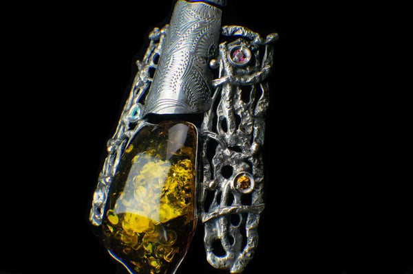 Alena Zena Baltic Green Amber with Faceted Aquamarine, Amethyst, Citrine & Cubic Zirconia Shield Pendant for $425 at Mystical Earth Gallery (Close Up Side View #2 View)