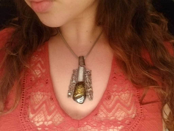 Alena Zena Baltic Green Amber with Faceted Aquamarine, Amethyst, Citrine & Cubic Zirconia Shield Pendant for $425 at Mystical Earth Gallery (On Model)